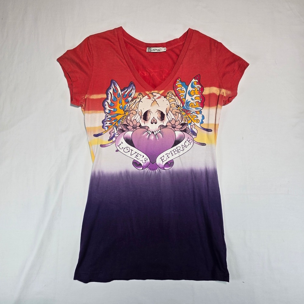 Ed Hardy Womens Love's Embrace Skull Butterfly Ombre V-Neck Tee Red Purple M